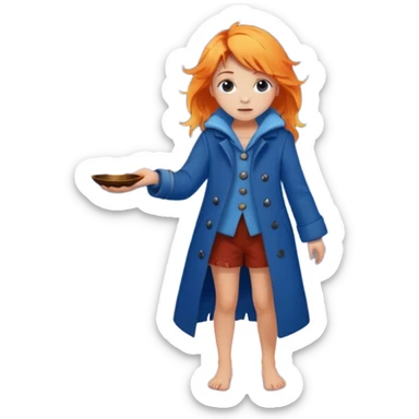 A barefoot girl in a tattered blue coat, cupping a tiny flame gently while snowflakes fall on her hair.
 sticker