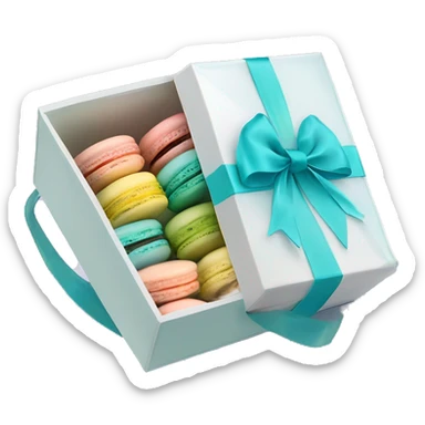 Realistic transparent plastic box with a tiffand blue ribbon and bow around the box and pastel macarons inside of it. sticker