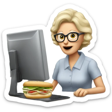 blonde older lady wearing office glasses eating a tuna sandwich sat at a computer desk sticker