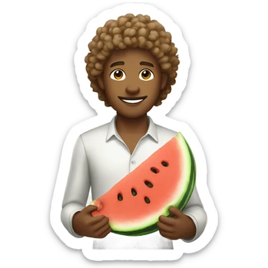 light brown male with curly hair holding watermelon sticker