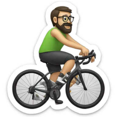A hunchy man with glasses and a black circle beard driving a training bike sticker