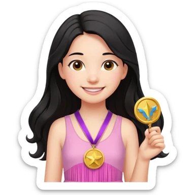 black haired girl wearing pastel pink with medals remove any hats, make her smile, make her hair longer sticker