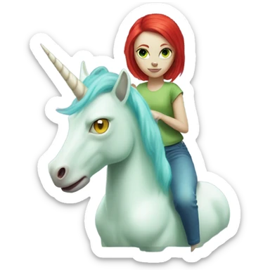 [politically incorrect
	{ woman: alien, color: light green, hair:red, eyes:cat} ]
	on a 
	[{ unicorn: white, legged:four, mane: light blue }] sticker