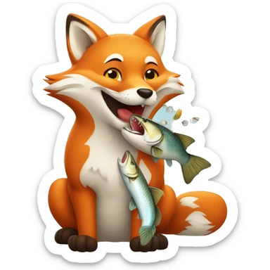 happy fox eating fish sticker