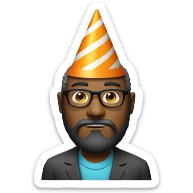 Man with beard with birthday cone on head and serious eyeglasses sticker