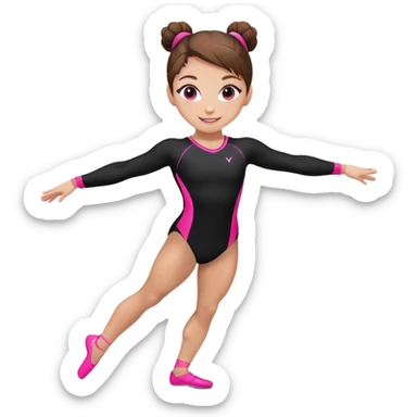 Happy female gymnast with brown hair in a neat bun, wearing a black uniform with neon pink elements. sticker