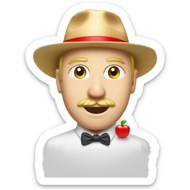 Un homme qu a la peau blanche des cheveux blonds un chapeau blanc avec  un contour rouge sur le haut il y a une pomme et une couronne des joux rouge  sticker