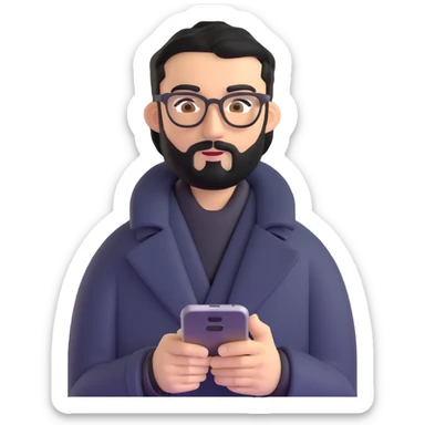 professional man standing upright, wearing black coat, with medium black beard, neat black hair, connected unibrow, olive tan skin, brown eyes, glasses, prominent nose, holding a smartphone sticker