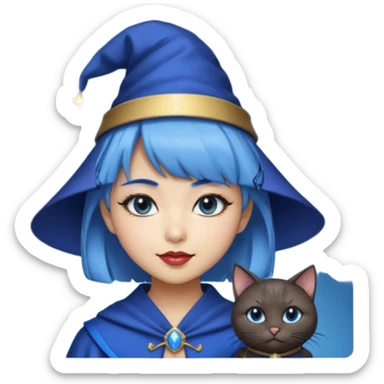 an asian short haired girl with electric blue highlighted short hair with bangs, with her silver left eye and dark brown right eye, with black cat eyed style eyeliner, and smirk of natural toned lipstick, with wizard hat with moon emblem on his hat. sticker