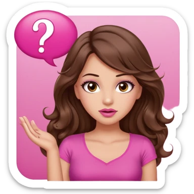 girl with long wavy brown hair, brown eyes, long lashes makeup, sexy pink lips, light to medium complexion, wearing a pink sexy top, shugging, question mark one speech bubble sticker