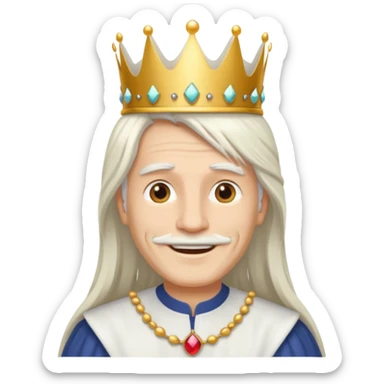 a smiling man with long white hair and has no beard wearing a white smart shirt and a crown sticker