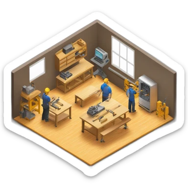 isometric square solid outline border containing indoor creative factory woodworking metalworking people active working cnc machine tools simple clean industrial makerspace #edc31b  sticker