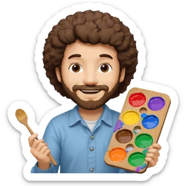 Bob ross holding a paint palett sticker