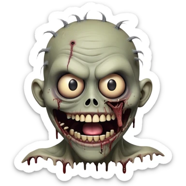 Cinematic Comical Zombie Portrait Emoji, with a grotesquely exaggerated yet playful decaying face in muted ashen tones, head cocked in a dramatically shocked expression with wildly comical, googly eyes and a gaping, silly grin revealing quirky stitches, simplified yet hilariously expressive, highly detailed with a soft eerie glowing outline capturing the absurd humor of a zombie in comic disbelief! sticker