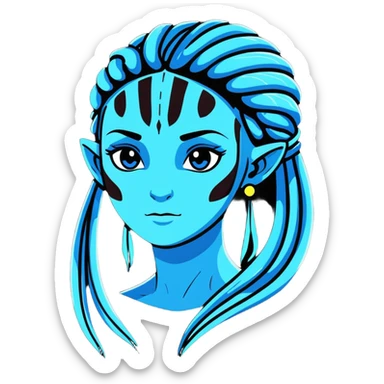 Na'vi character from Avatar movie, blue skin, bioluminescent facial patterns, long braided hair, cartoon sticker style sticker