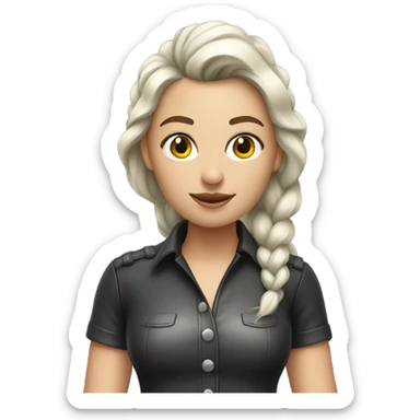 Young white woman with silver braid wearing a leather shirt sticker
