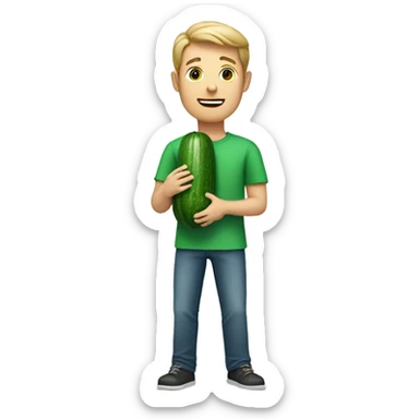 White man in green shirt holding cucumber sticker