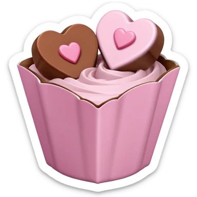 Two square milk chocolate , Each praline is a sharp-edged cube with smooth glossy chocolate coating, placed in a small white fluted paper candy cup. On top of each cube is a flat pastel pink heart-shaped icing sticker