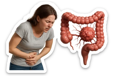 donna giovane piegata in avanti con mal di pancia e cellula tumorale che danneggia il colon, iperrealistica 4k sticker