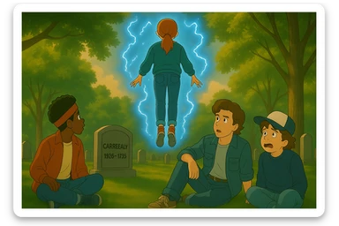 Max from Stranger Things levitating above a grave in a cemetery, seen from behind, positioned in front of Lucas, Steve, and Dustin, who are watching her. Dustin looks scared. Ghibli style, wide aspect ratio (16:9), supernatural glowing effects, expressive and cinematic atmosphere. sticker