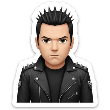 Richard Kruspe, guitarist of Rammstein, apple style emoji, signature spiky dark hair, intense gaze, black leather jacket sticker