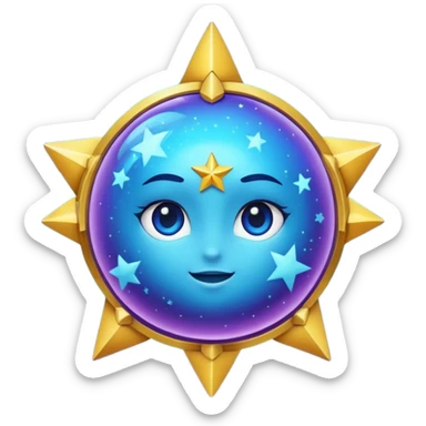 Uma esfera translúcida com reflexos roxos e azuis envolve uma estrela dourada brilhante no centro, criando um visual etéreo e futurista sticker