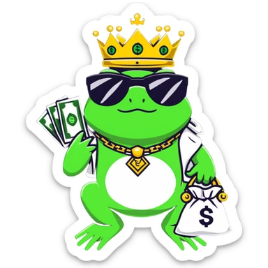 gangster frog king with gold crown, cool sunglasses, gold chain, money bag sticker