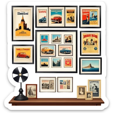 Icon for Photograph and Poster Collecting: a collection of vintage photographs and movie posters, neatly displayed on a wall or in frames. The icon should evoke the nostalgia and artistic value of collecting rare images and posters. Transparent background. sticker