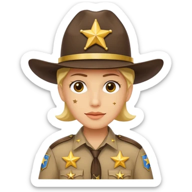Generate me a yellow-skinned person from Apple's emoji, and make him wear a realistic sheriff's uniform from the United States, but please only add two stars to the uniform, one on the hat and the other on the shirt. sticker