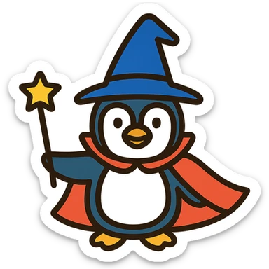 A penguin dressed as a wizard, holding a magic wand, with a pointy hat and a cape sticker