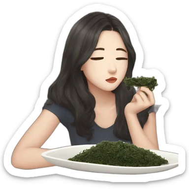 Girl watching television about kpop while eating toasted seaweed sticker