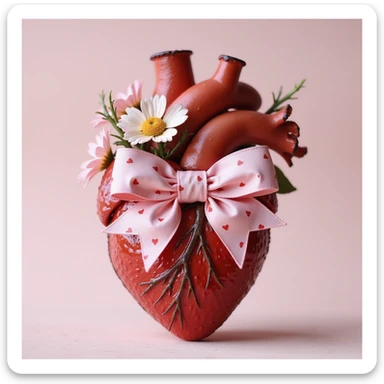 realistic heart with flowers, pink bow with heart pattern on the bow, photorealistic style sticker