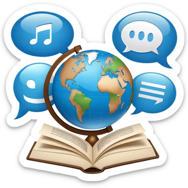An icon showing a globe surrounded by speech bubbles with greetings in different languages, like 'Hello,' 'Hola,' and 'Bonjour.' The design includes an open book and a quill, symbolizing learning and communication. Transparent background emphasizes global connection through language. sticker