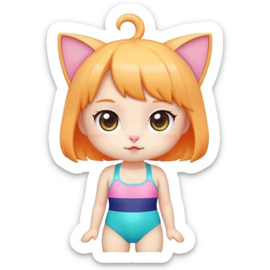 Cute short cat girl character with big head in a colorful swimsuit, kawaii style sticker