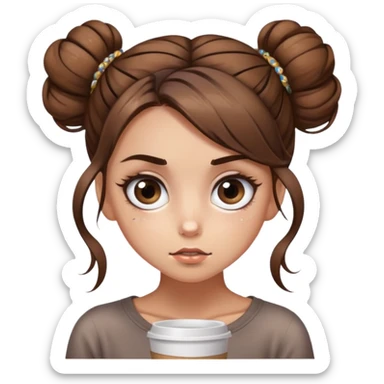 girl with long brown hair with messy bun, too much coffee, chaotic sparkle eyes sticker
