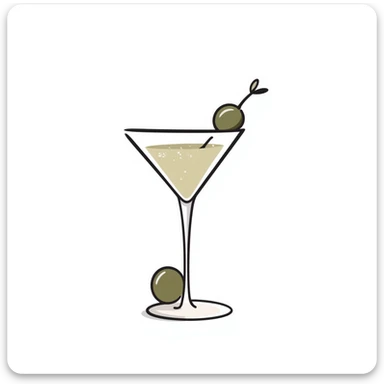 A classic martini glass with olive garnish in pastel colors (dd9fb0, ffc6d3, a3bfc9, c4bee2, f1b091), hand-drawn doodle style sticker