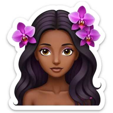Upclose, black long hair tanned woman, orchid flowers in hair, body sticker