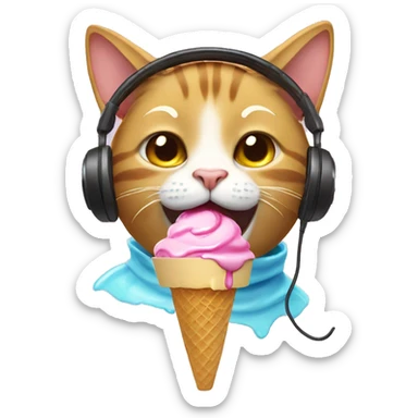 A cat eating ice cream with headphones on sticker
