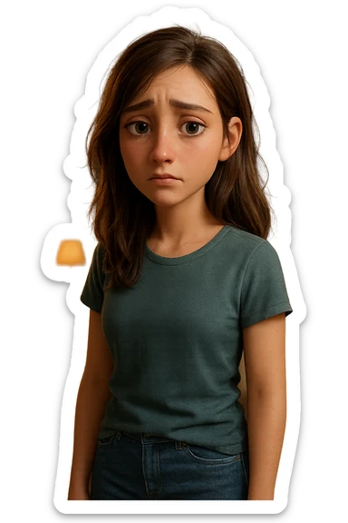 Modello 3D di personaggio femminile in stile Pixar/Blender, anatomia realistica e proporzionata, espressione facciale malinconica ma espressiva, rig per animazioni emotive, texturing skin realistico ma stilizzato, capelli con physics dinamici, vestiti casual modellati con cloth simulation, illuminazione soft e cinematografica, ambiente camera da letto 3D dettagliato, rendering Cycles con subsurface scattering per pelle naturale sticker