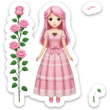 pastel anime woman with pink and white lace dress full body and long hair with roses sticker