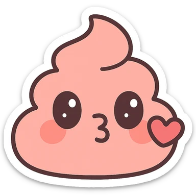 kawaii-style poop character with heart-shaped lips, blowing a kiss, adorable and humorous sticker