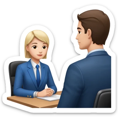 une image de 3/4 avec un recruteur à son bureau PAS DE FACE DE 3/4! qui regade un candidat assis en face de lui sticker