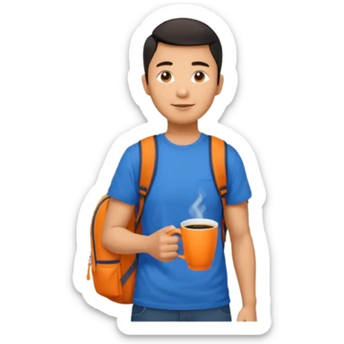an asian man in blue t-shirt with orange cup of coffee and backpack on the back. Eiffel tower on the background sticker