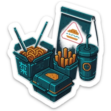 cyberpunk futuristic, 3d isometric, item image, video game item, inventory icon, the image depicts a small box of takeout, takeaway, chinese takeout food, delivery food. futuristic drive-through sandwich boxes, fries, bag and drink. dystopian. pixelated retro video game graphics sticker