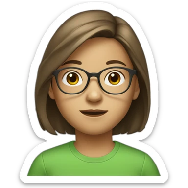 11 years old girl with shoulder length brown hair and glasses with green t shirt sticker