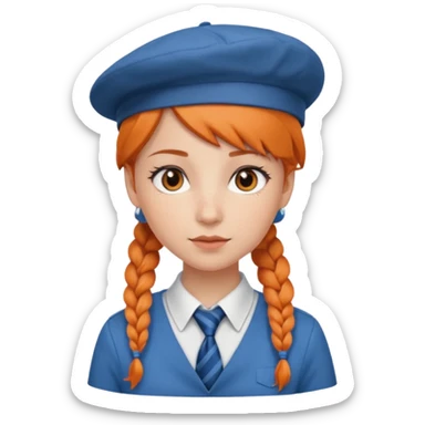 orange braided hair girl, wearing white shir, a brown berret Hat, Blue Necktie sticker