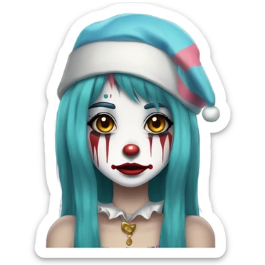 Anime manga style Sad clown girl with clown face paint wearing cap n bells cockcomb jester hat with long straight black hair exaggerated expression on her face  sticker