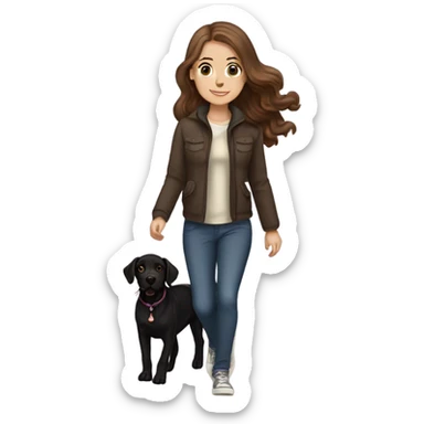 White girl with wavy brown hair walking a black Labrador sticker