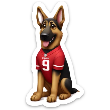 German shepherd dog wearing a 49ers jersey sticker