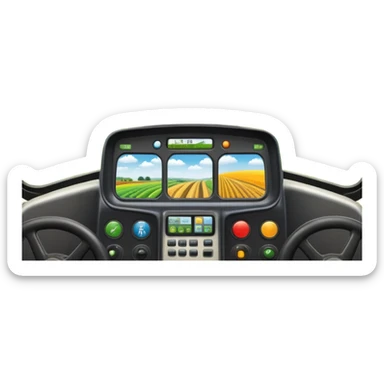 a view from the tractor cabin, with the dashboard in focus, overlooking a vibrant rural landscape. Inspired by Farming Simulator 22, the scene includes fields, crops, and distant barns under a bright sky. The design highlights the immersive experience of farm management. transparent background sticker